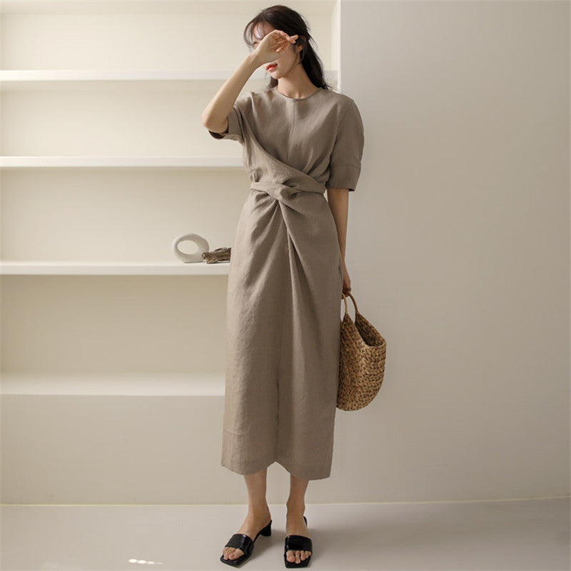 Cotton And Linen Dress Women Summer New Waist Slimming Irregular High-End Linen Dress