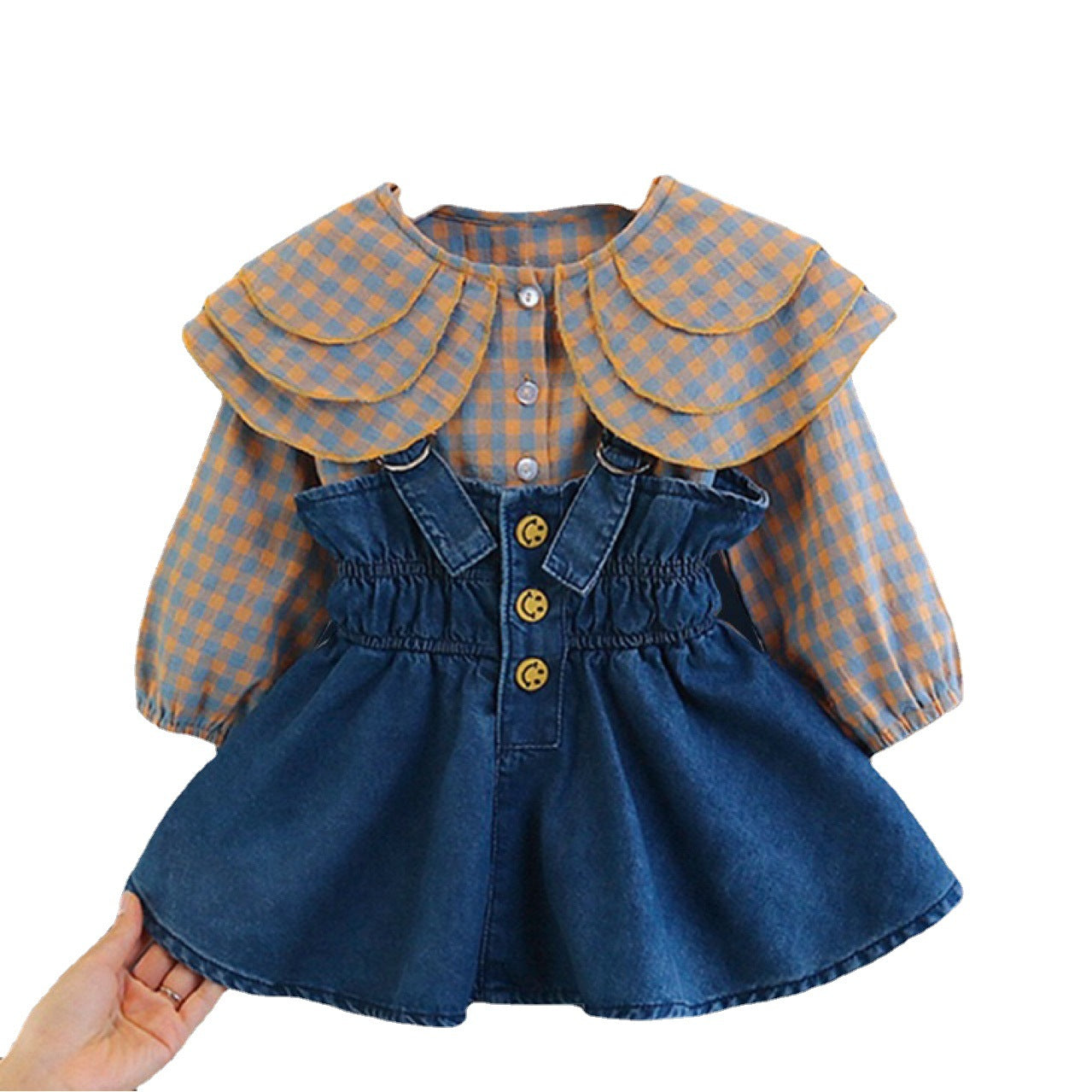 2023 Girls Double Collar Doll Shirt Smiling Face Suspender Skirt Two Piece Set YY66