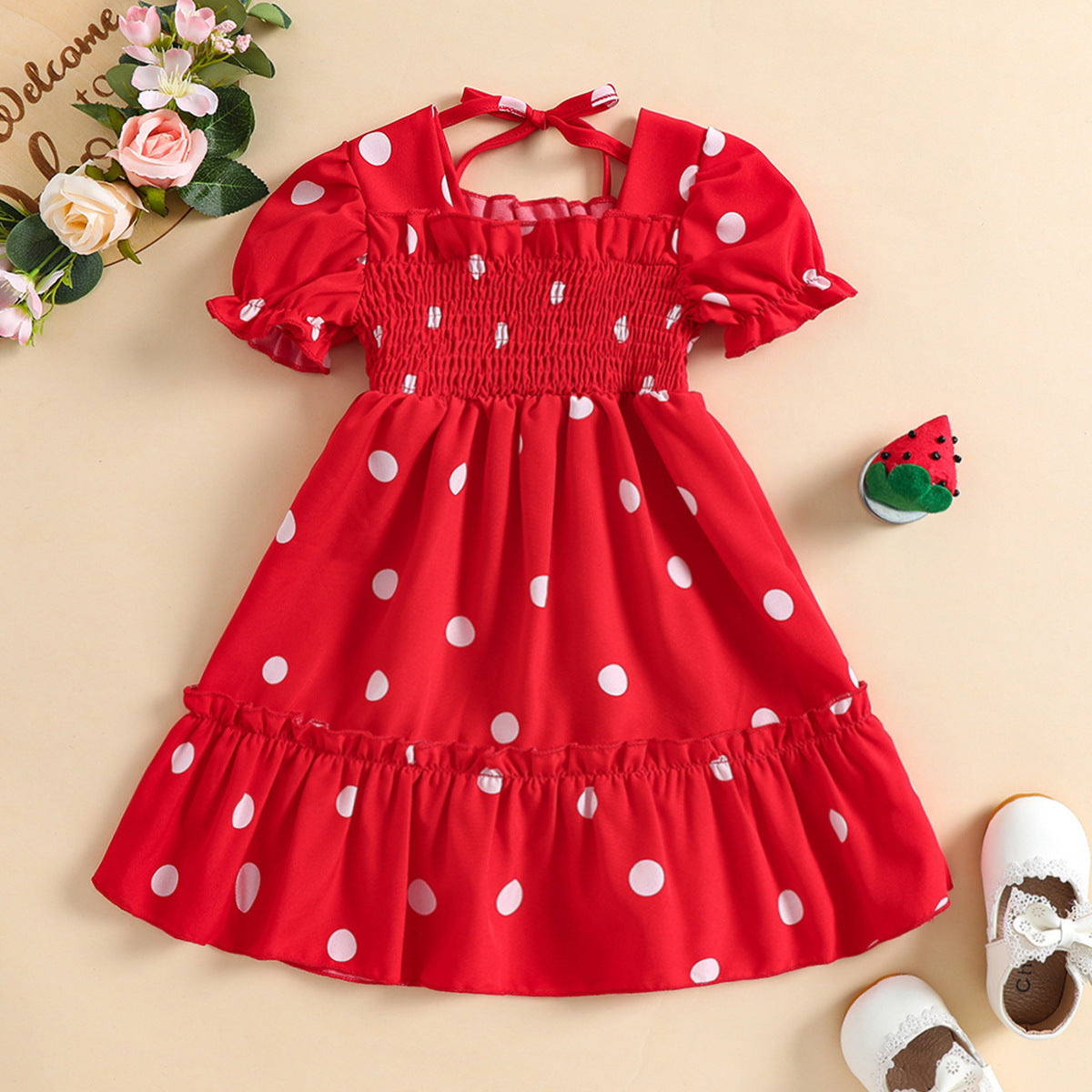 New Cute Baby Girl Summer Short-sleeved Skirt Little Girl Sweet Lace Polka Dot Chiffon Dress