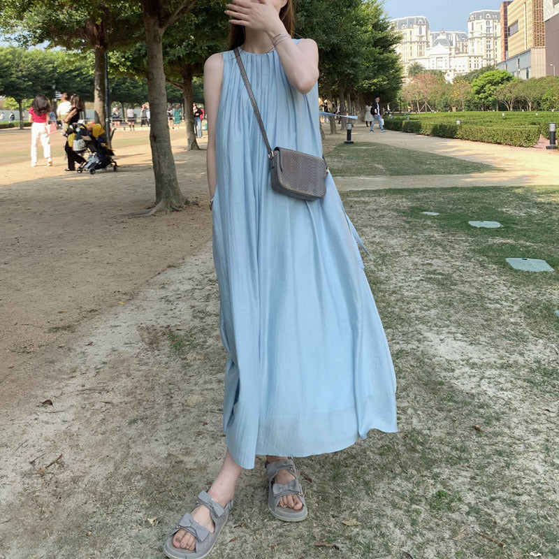 Pastoral Blue Clothes Acetate Dress New Summer Women&amp;amp;#039;s Clothing 2023 Sleeveless Camisole Skirt Skirt Wholesale