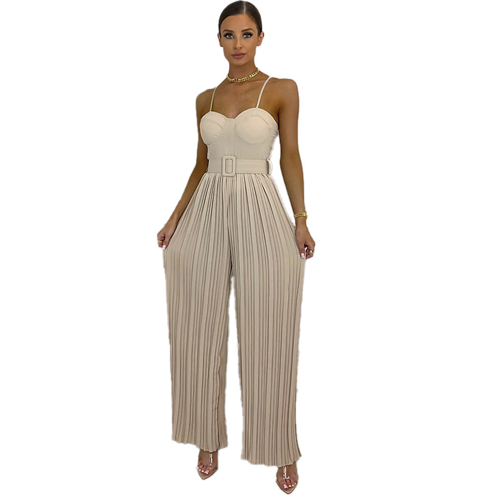 Amazon Summer Hot Women&amp;#039;s Clothing Cross-border Europe And The United States Hot Selling Women&amp;#039;s Solid Color Pleated Tube Top Slim Fit Wide-leg Jumpsuit