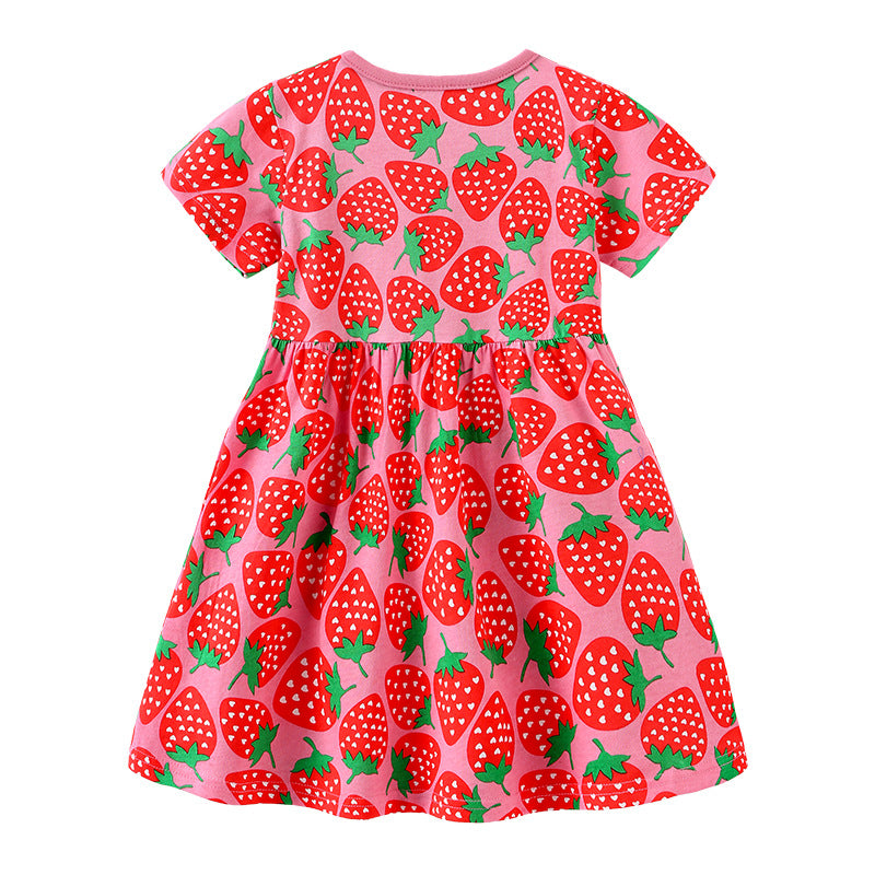 23 Summer New Arrival Girls Dress European And American Style Knitted Cotton Short-sleeved Children&#039;s Dress Cute Printed Stitching Princess Dress