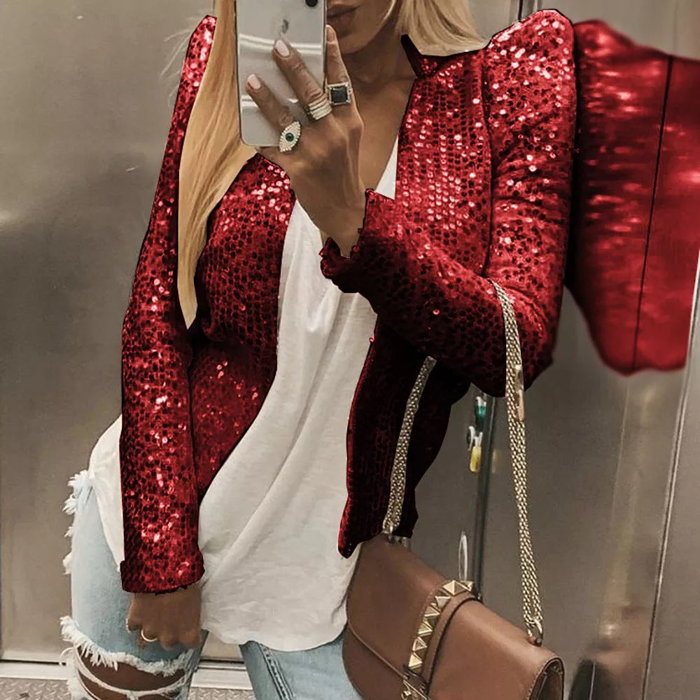 2023 Cross-border Spring New European And American Fashion Fashion Stand-up Collar Solid Color Sequin Coat Short Casual Versatile Small Coat