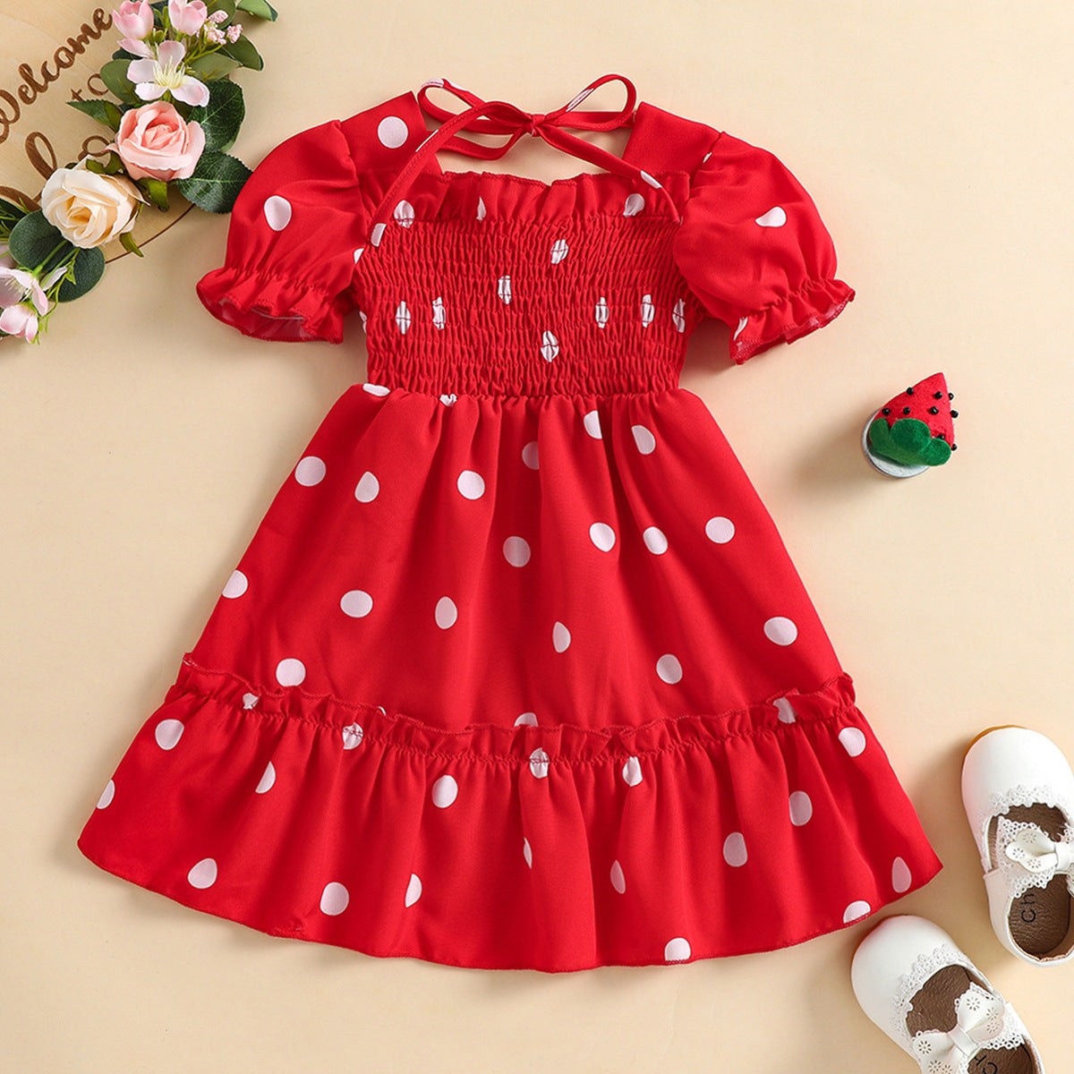 New Cute Baby Girl Summer Short-sleeved Skirt Little Girl Sweet Lace Polka Dot Chiffon Dress