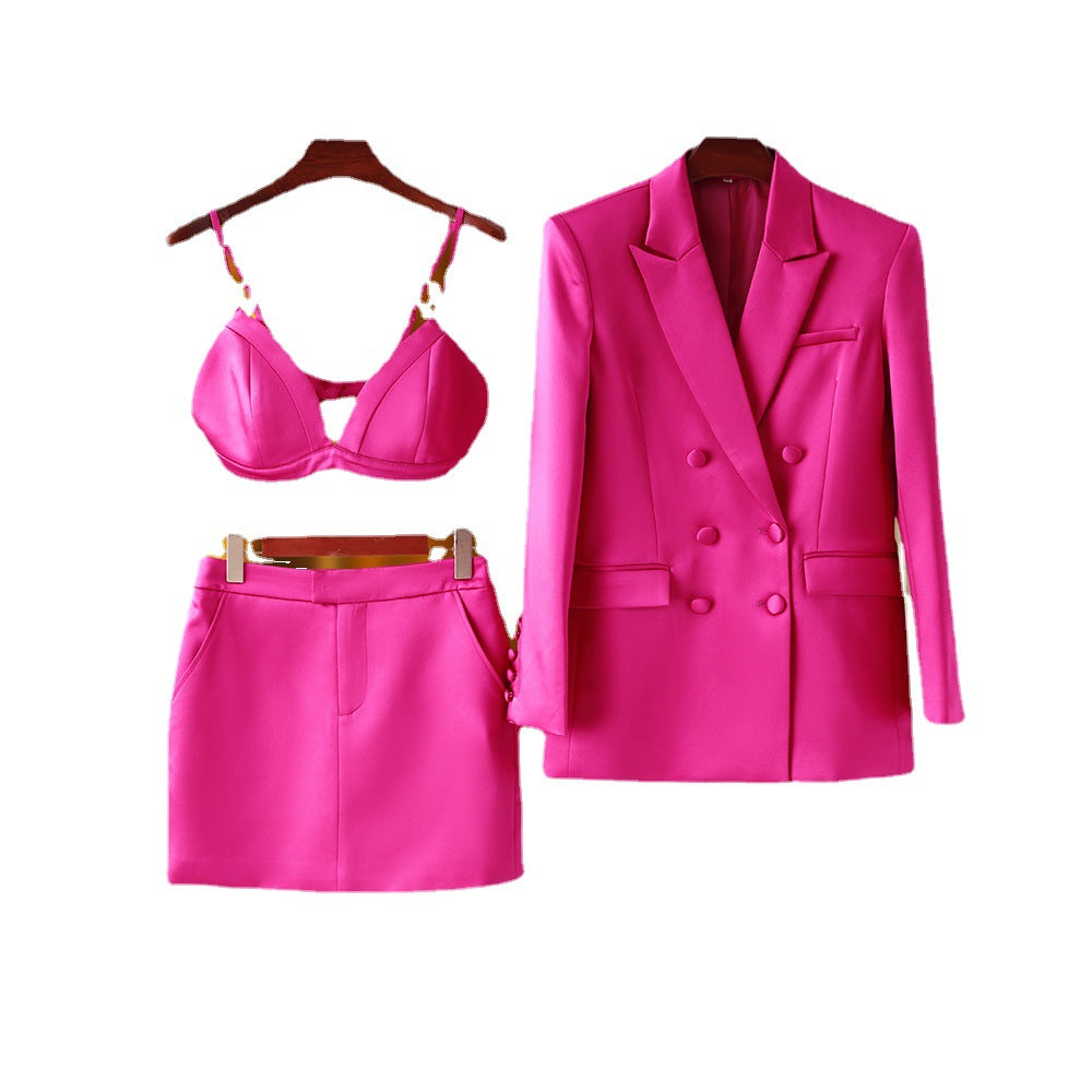 High-end French Retro Spring And Summer Satin Bright Face Niche Design Suit Jacket Vest Short Skirt Three-piece Set