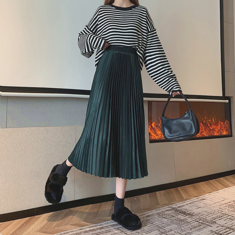 A-line Skirt Women&#039;s Autumn And Winter High Waist Slim Velvet Pleated Elastic Waist All-match Small Mid-length Skirt