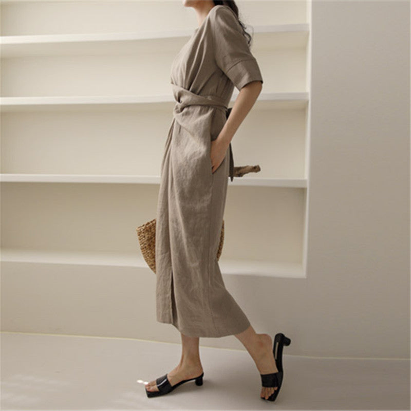 Cotton And Linen Dress Women Summer New Waist Slimming Irregular High-End Linen Dress