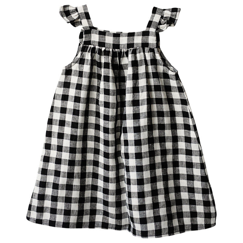 Summer New Style Linen Cotton Breathable Sleeveless Vest Dress For Baby Girls Fashion Contrast Color Plaid Square Collar Dress Children&#039;s Wear