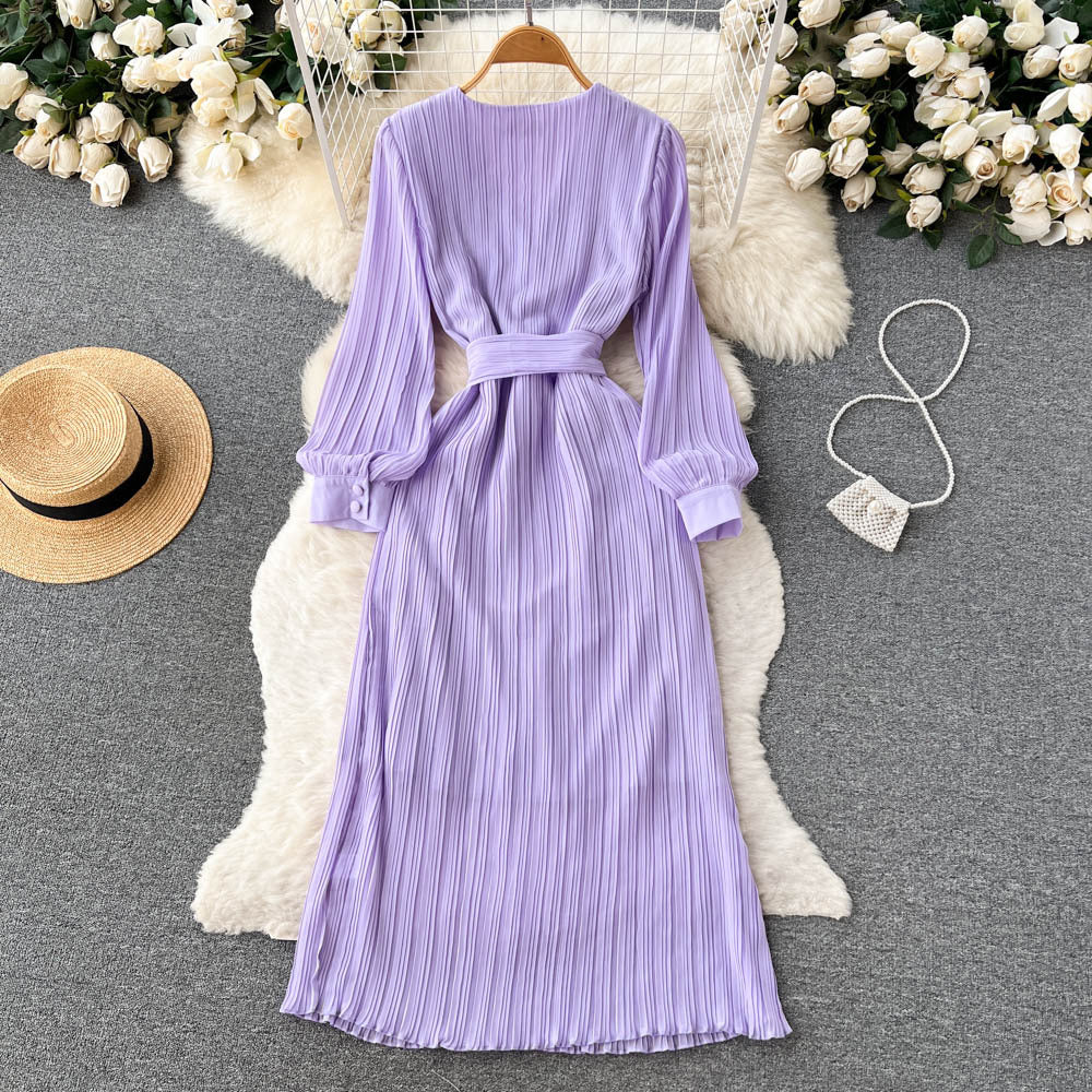 Autumn&#039;s New Light And Mature Temperament French Ladies Long-sleeved Waist Slim Dress Women&#039;s Waist Pleated V-neck Long Skirt