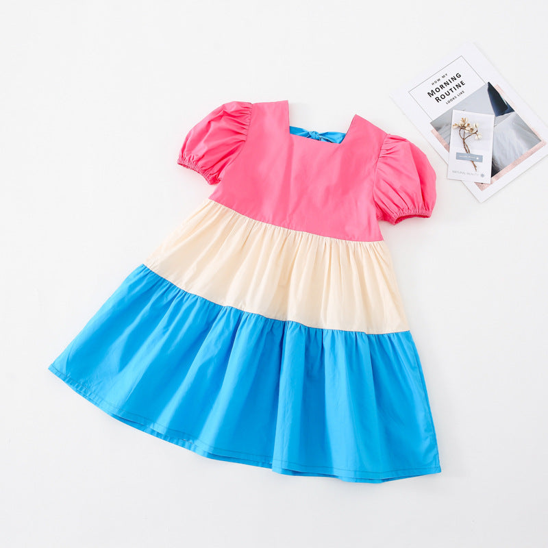 Summer New Products  Girls Lantern Puff Sleeve Dress Children&amp;amp;#039;s Color Matching Simple Princess Dress