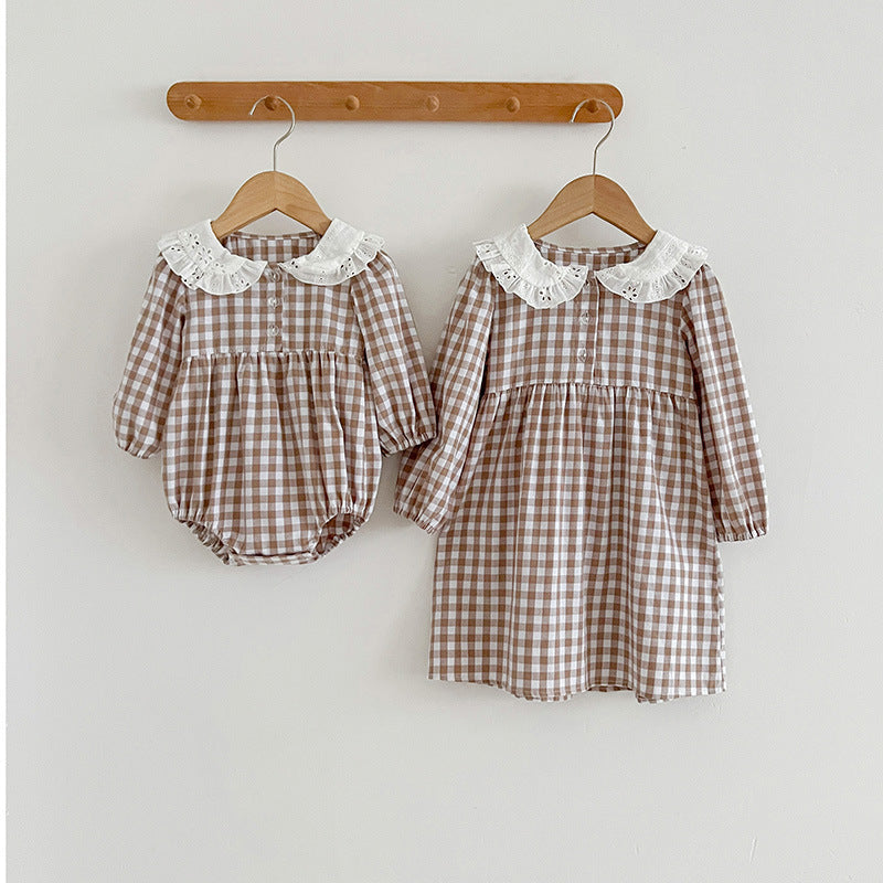 Korean Style Baby Girl Romper Baby Doll Collar Plaid Long Sleeve Jumpsuit Girl Dress Sisters Spring And Autumn New