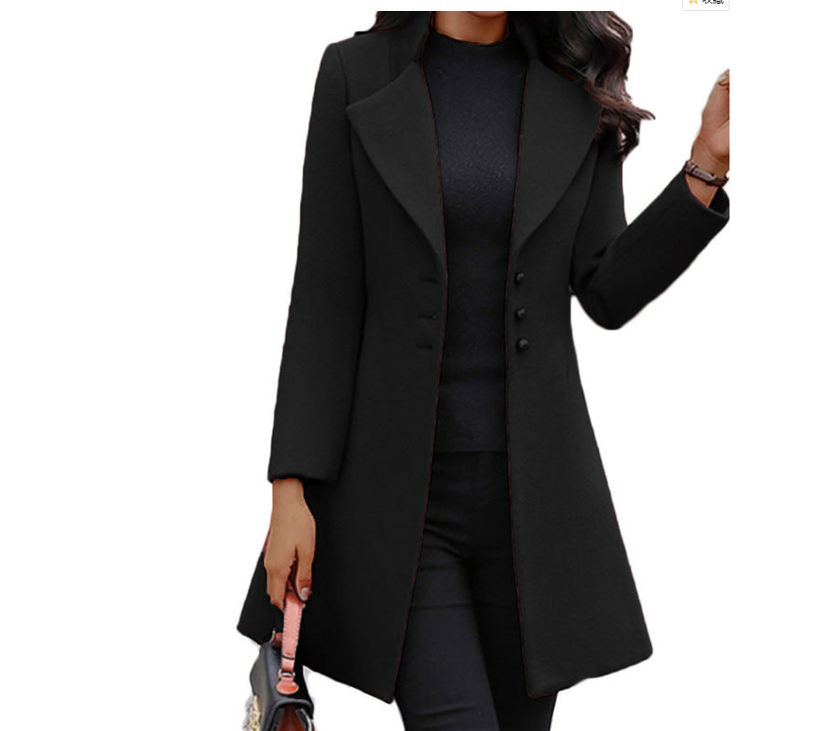 Mid-length Lapel Slimming Solid Color Slim-fit Women&#039;s Woolen Coat