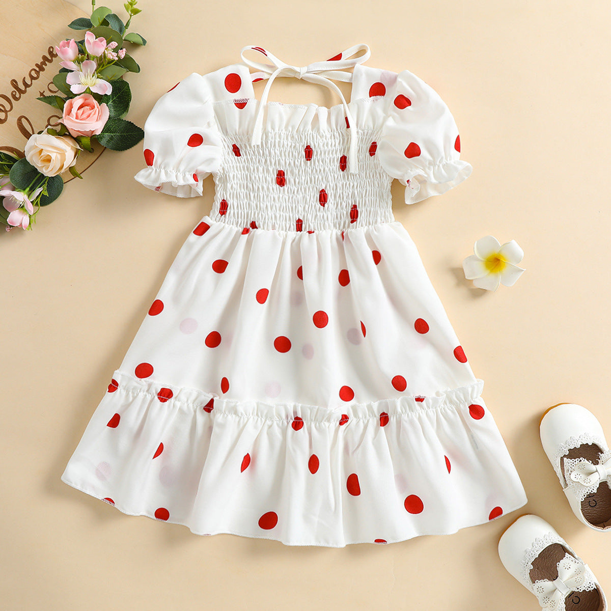 New Cute Baby Girl Summer Short-sleeved Skirt Little Girl Sweet Lace Polka Dot Chiffon Dress