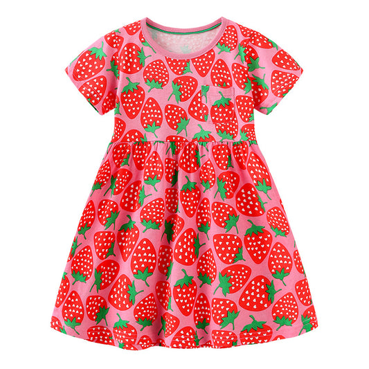 23 Summer New Arrival Girls Dress European And American Style Knitted Cotton Short-sleeved Children&#039;s Dress Cute Printed Stitching Princess Dress