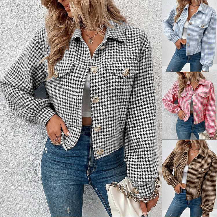 2023 Amazon Ebay Autumn And Winter Women&#039;s Coat Lapel Single-breasted Houndstooth Jacquard Jacket Commuter Coat For Women