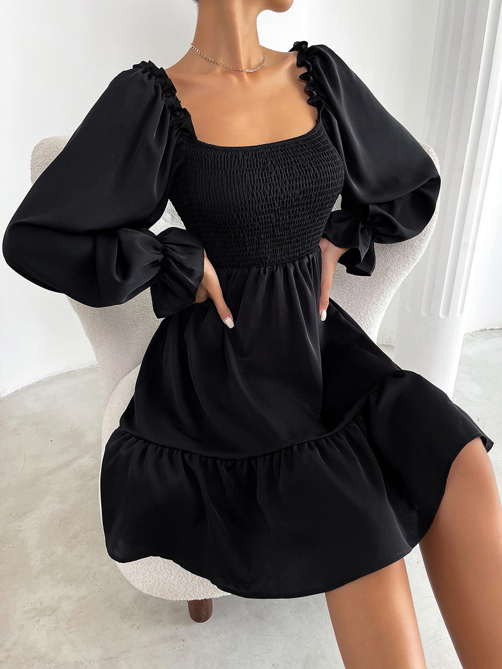 Spot 2022 Early Spring Amazon Pullover Square Collar Long Sleeve Ruffle High Waist Tight Temperament Commuter Dress Female