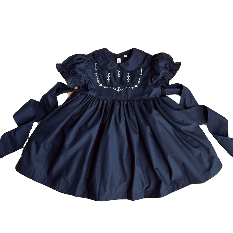 2024 Summer New Style [Petit Nez] Retro Vintage Temperament Dark Blue Embroidered Short-sleeved Girls&#039; Dress