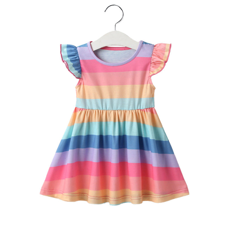 2023 Summer New Children Rainbow Stripes Flying Sleeve Dress