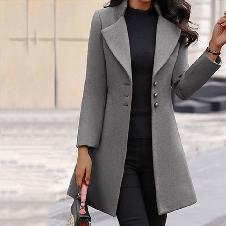 Mid-length Lapel Slimming Solid Color Slim-fit Women&#039;s Woolen Coat