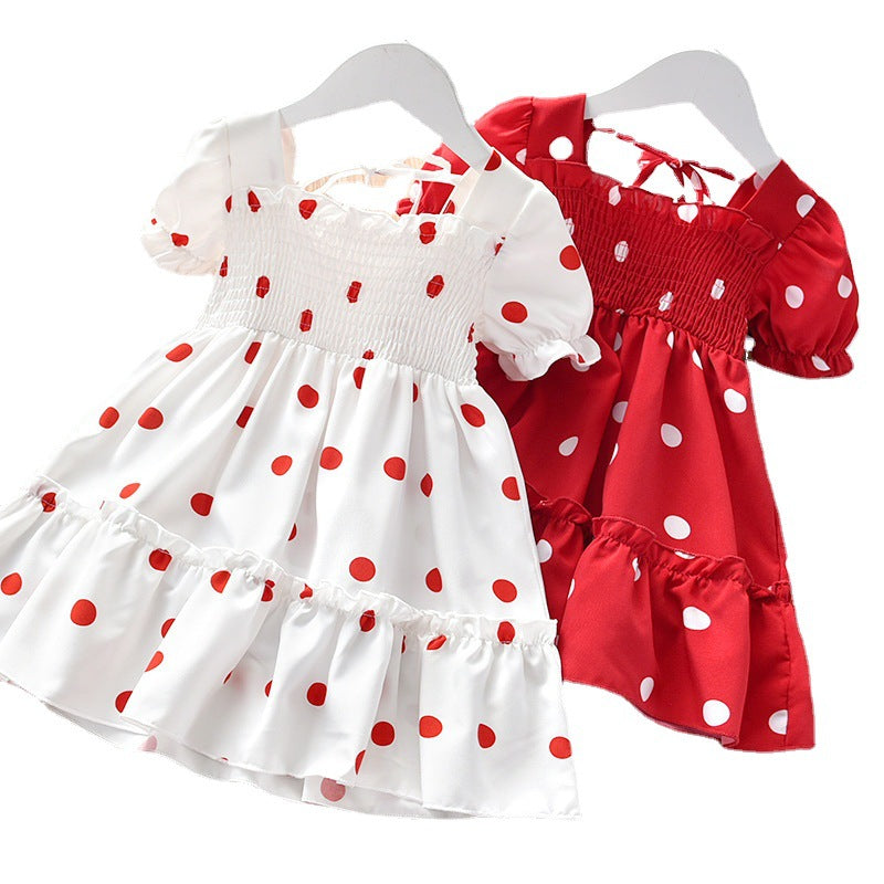 New Cute Baby Girl Summer Short-sleeved Skirt Little Girl Sweet Lace Polka Dot Chiffon Dress