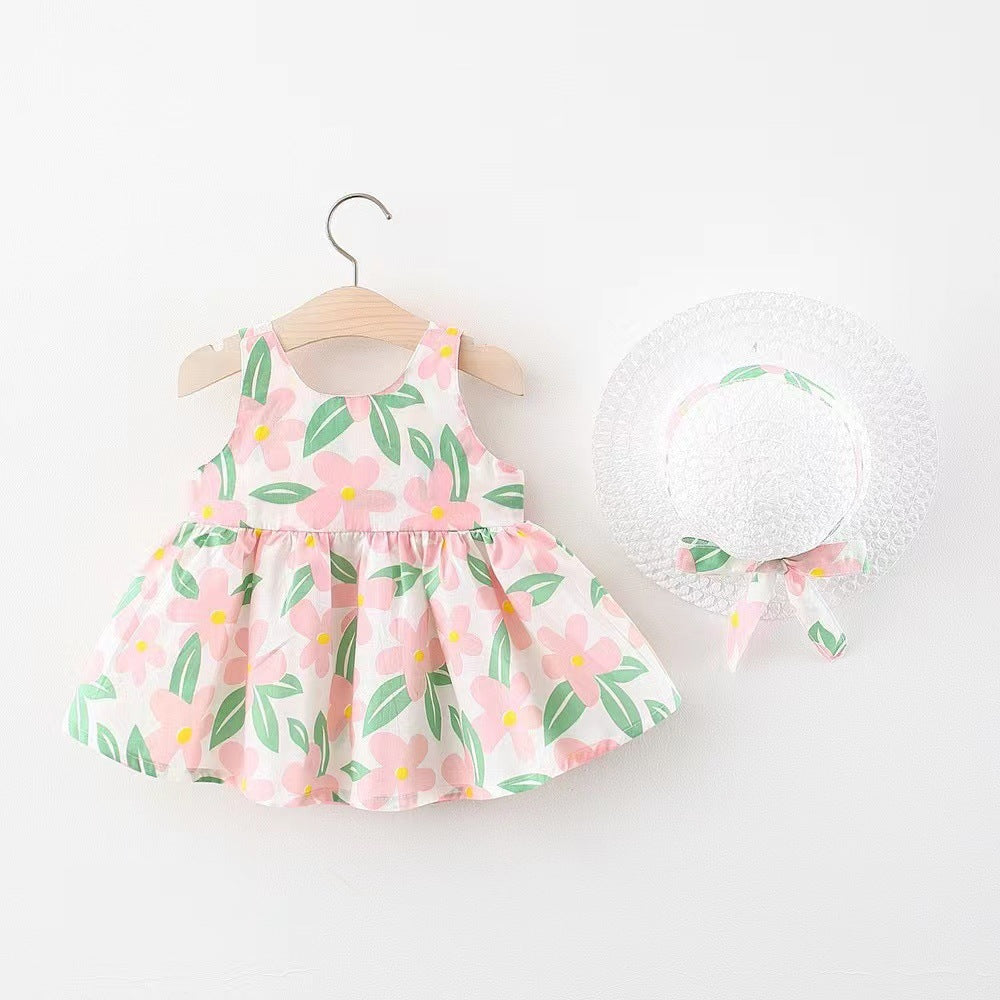 Children&#039;s Summer Dress New Girls Bowknot Printed Suspender Skirt Infant Children&#039;s Sleeveless Sundress