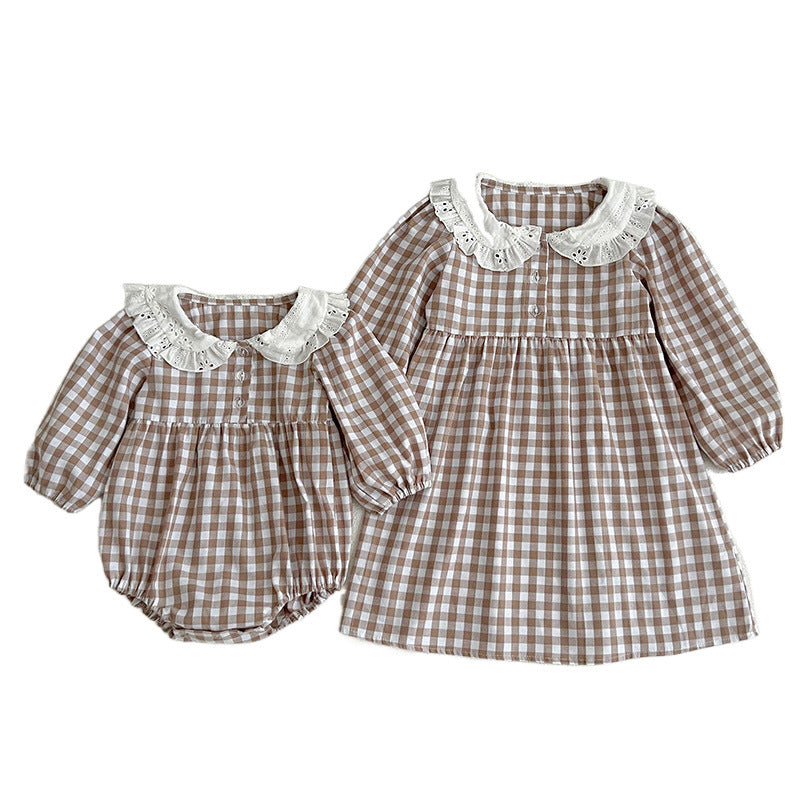 Korean Style Baby Girl Romper Baby Doll Collar Plaid Long Sleeve Jumpsuit Girl Dress Sisters Spring And Autumn New