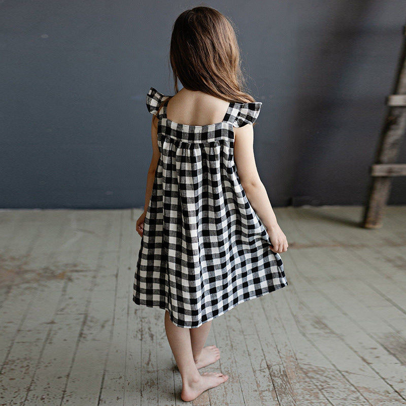 Summer New Style Linen Cotton Breathable Sleeveless Vest Dress For Baby Girls Fashion Contrast Color Plaid Square Collar Dress Children&#039;s Wear