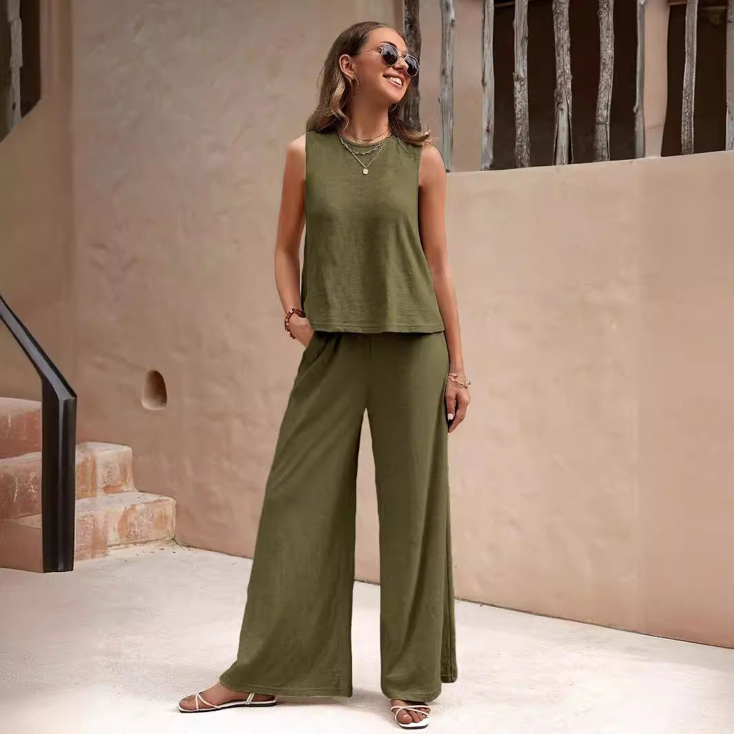 2024 Summer New Two-piece Women&#039;s European And American Fashion All-match Loose Pullover Round Neck Casual Suit Women