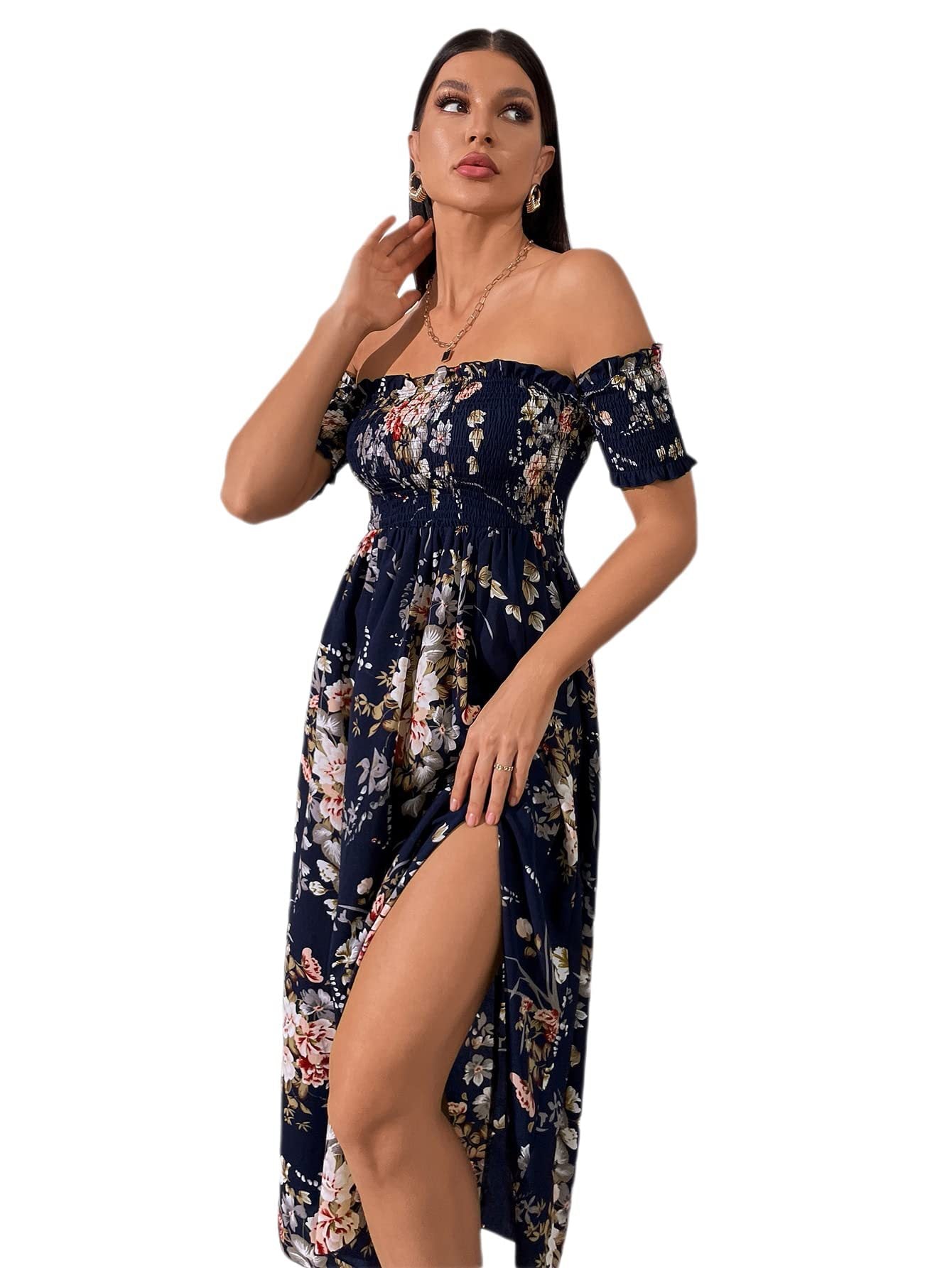 Bohemian Floral Print Off Shoulder Slit Long A-Line Dress