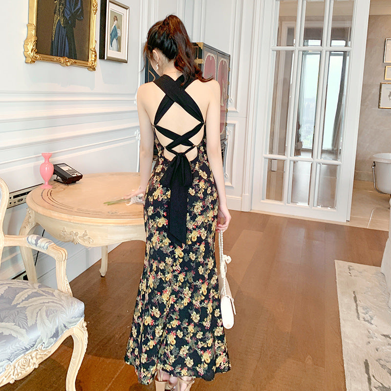 Retro Skirt French Summer Self-cultivation Slim Temperament Open Back Strap Long Skirt Floral Suspender Dress 4956