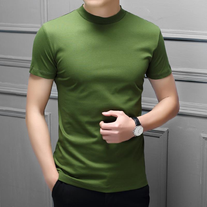 Spring And Summer Men&#039;s Double Mercerized Cotton Small Turtleneck Solid Color Slim Round Neck Short Sleeve T-shirt Half Turtleneck Bottoming Shirt