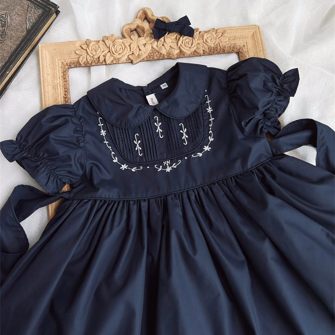 2024 Summer New Style [Petit Nez] Retro Vintage Temperament Dark Blue Embroidered Short-sleeved Girls&#039; Dress