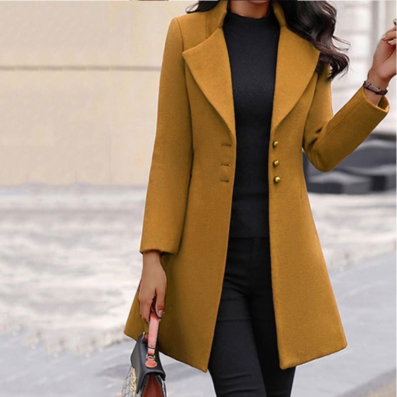 Mid-length Lapel Slimming Solid Color Slim-fit Women&#039;s Woolen Coat