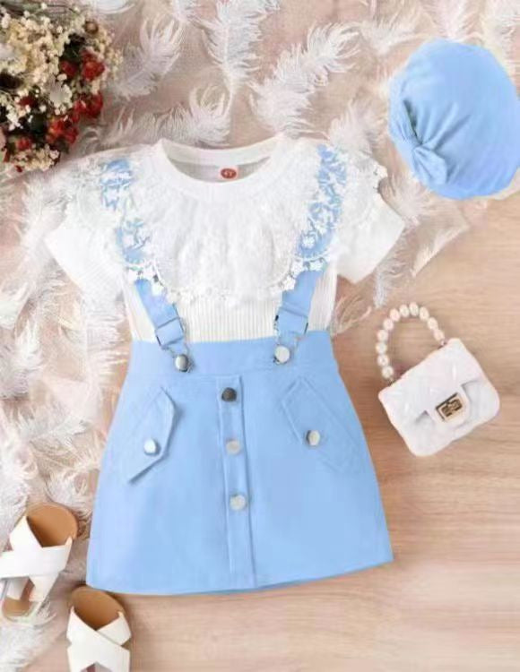 Children&#039;s Girl Suit Summer Lace Doll Collar Pit Short Sleeve + Strap Skirt + Hat Three-piece Set