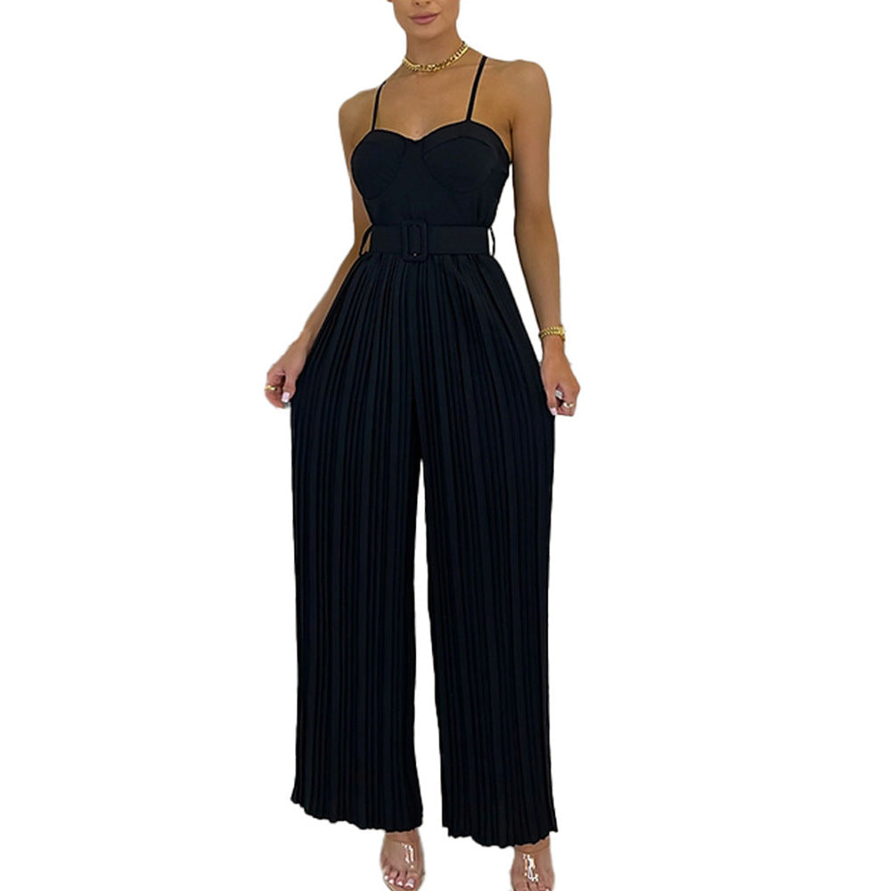 Amazon Summer Hot Women&amp;#039;s Clothing Cross-border Europe And The United States Hot Selling Women&amp;#039;s Solid Color Pleated Tube Top Slim Fit Wide-leg Jumpsuit