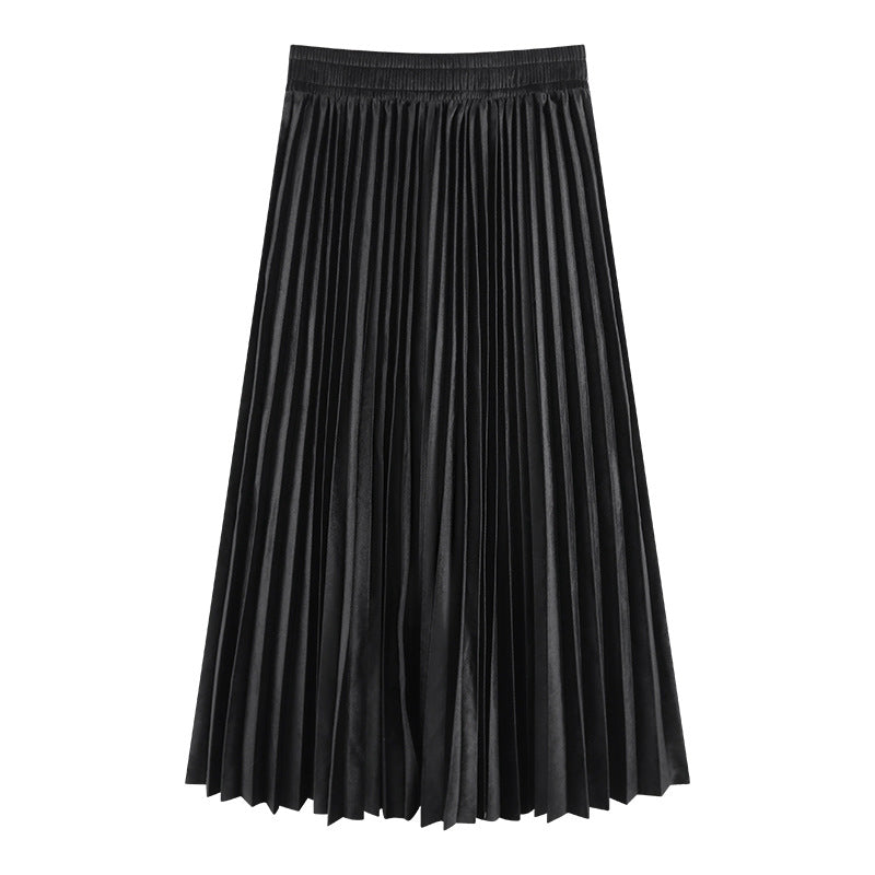 A-line Skirt Women&#039;s Autumn And Winter High Waist Slim Velvet Pleated Elastic Waist All-match Small Mid-length Skirt