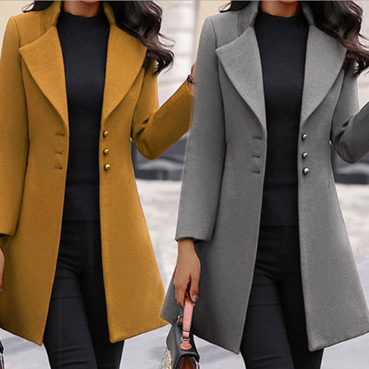 Mid-length Lapel Slimming Solid Color Slim-fit Women&#039;s Woolen Coat