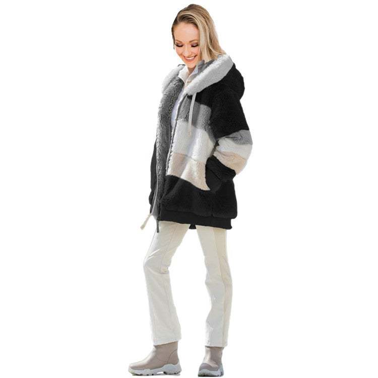 Ladies warm plush and zipper pocket hooded loose coat