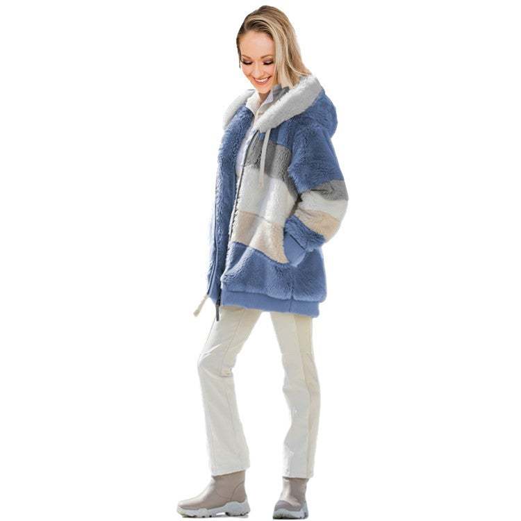 Ladies warm plush and zipper pocket hooded loose coat