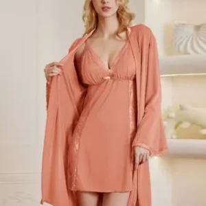 Coral satin chemise and robe set with lace trim