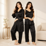 Women's Satin 3-Piece Pajama Set with Robe | Luxury Lace Sleepwear - Image 3