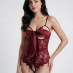 Blue Lace Teddy Lingerie – Satin Bow Bodysuit